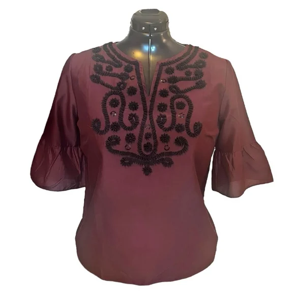 Women's Talbots RSVP Embellished Silk Blend Blouse Top, Burgundy, L - Picture 2 of 15